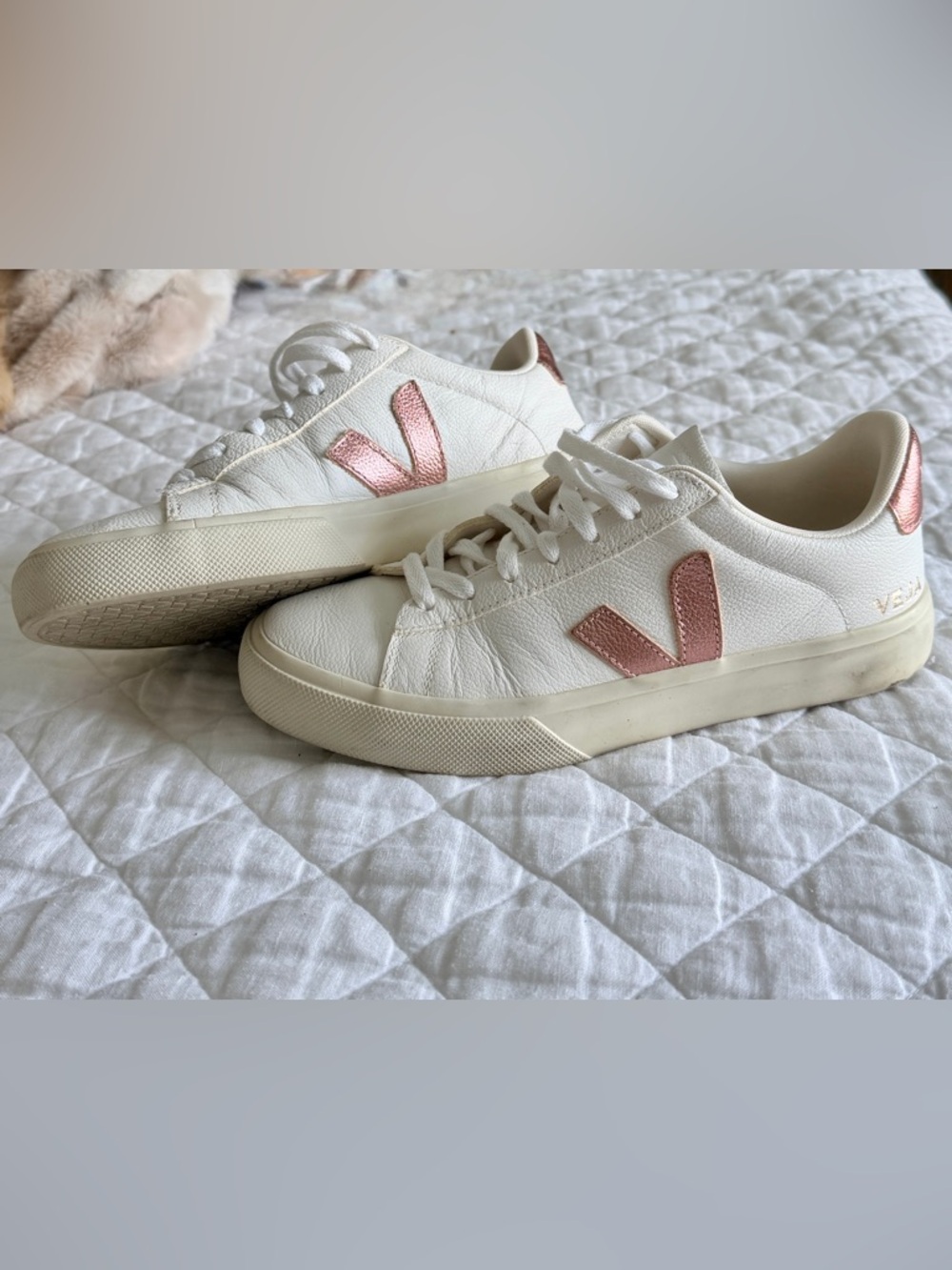 Veja Campo Chromefree Leather Sneakers White Rose Gold Nacre Size 8 / 39